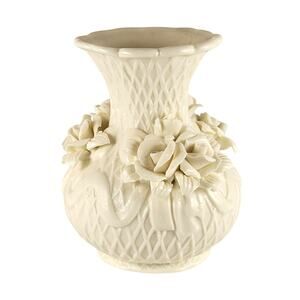 Ceramic Flower Vase Cream 4.5" Raised Roses Ribbons Lattice Textured Pattern VTG